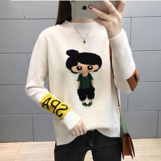 Autumn and Winter Cartoon Sweater Jacket Womens Long Sleeve All-match Knitted Sweater Woman