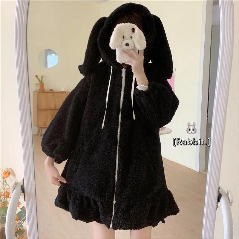 Rabbit Ears Hoodies Women Zip-up Sweatshirts Coat Long Lantern Sleeve Hooded Lolita Cute Sweet Girls Harajuku Warm Baggy for Her