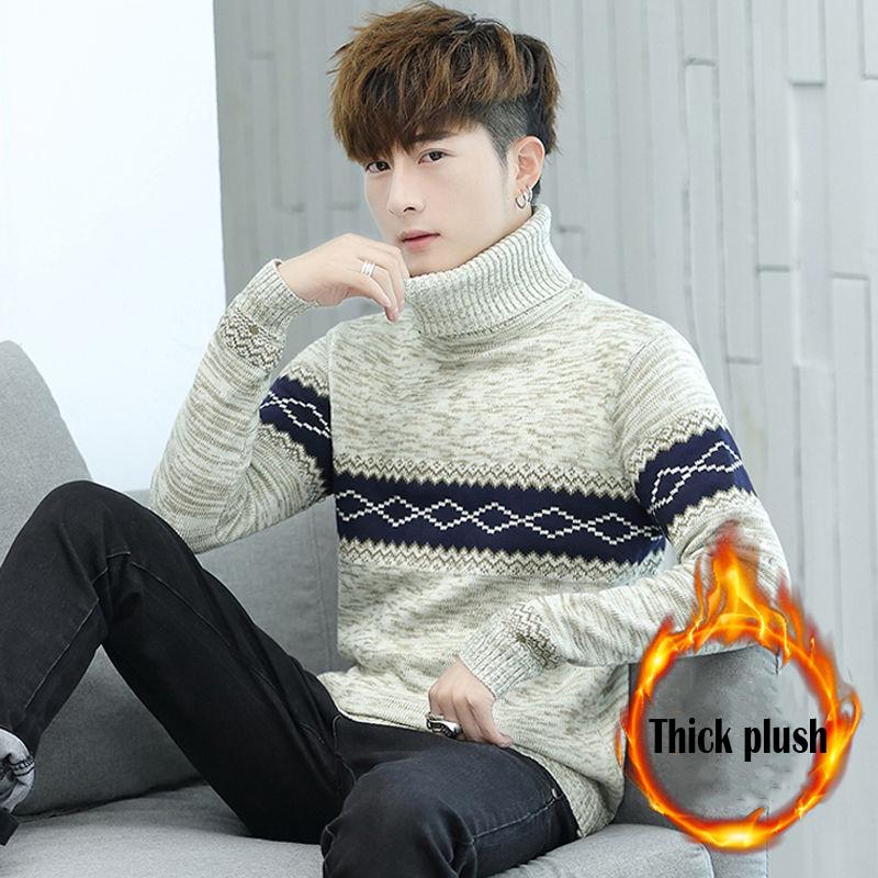 Men's Turtleneck Sweater Solid Knitted Mens Sweaters Casual Slim Pullover Male Double Collar Top