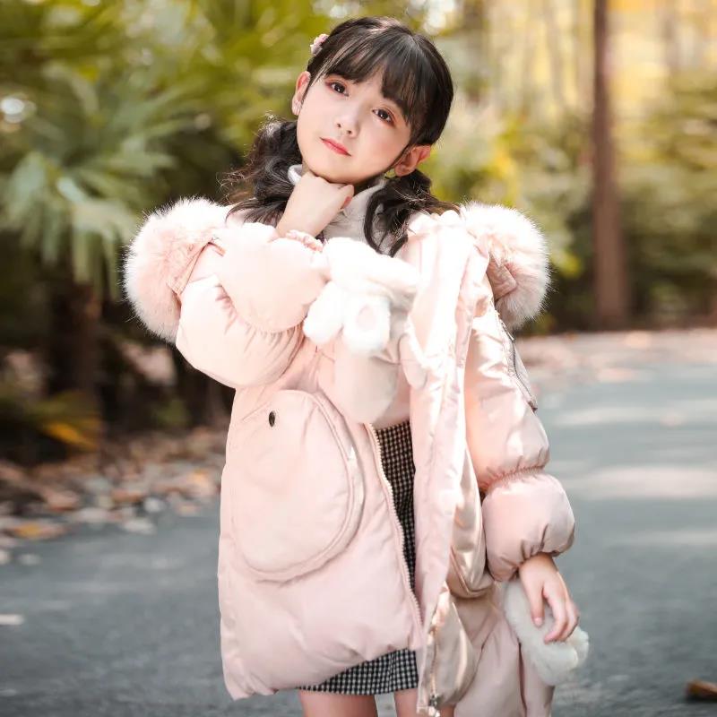 Girls Plus Velvet Thick Warm Cotton Coat Winter Korean Windproof Cotton Clothing Mid-length Cotton-padded Jacket with Gloves