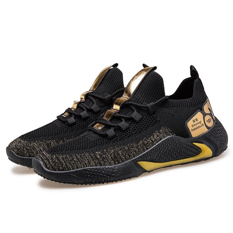 Spring Men's Real Flying Knitting Shoes Fashion Breathable Sneakers Black Gold Men's Running Shoes