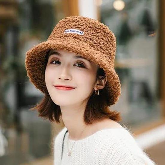 Women's Lamb Cashmere Hat Outdoor Warm Bucket Hat Solid Fluffy Fishing Cap Women Winter Fisherman Hat