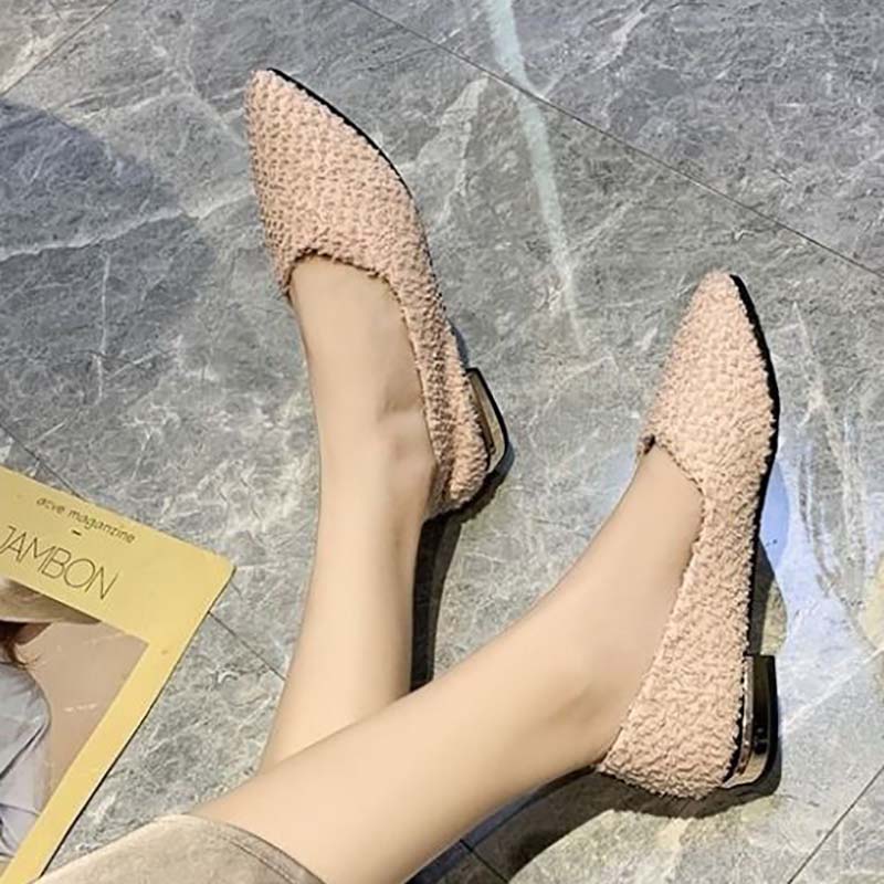 Low-heeled Shoes Spring Single Shoes Female Students Korean Version of All-match Pointed Toe Shallow Mouth Pedal Thick Heel Peas Shoes