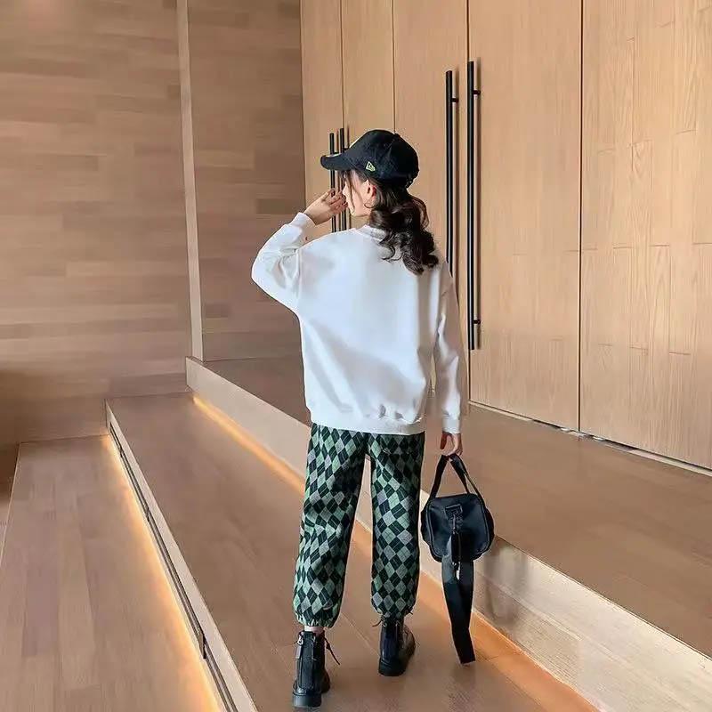 Girls Long Sleeve Suit Spring and Autumn Children's Pullover Sweater Print College Style Loose Pants Casual Fashion Two-piece Set