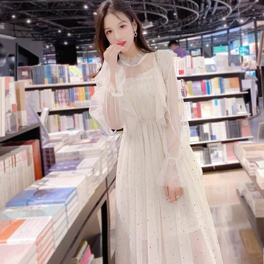 Vintage Mesh White Dress Women Ruffle Long Sleeve Summer Dresses Ladies Elegant Short Party Dresses