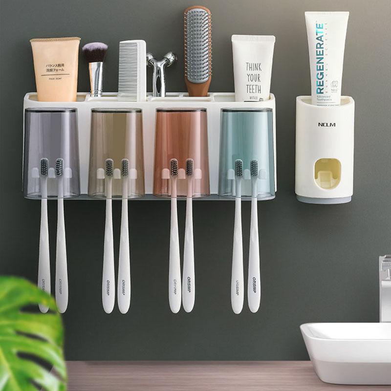 Toothpaste Dispenser Wall Mount Dust-proof Toothbrush Holder Wall Mount Storage Rack Bathroom Accessories Set Squeezer