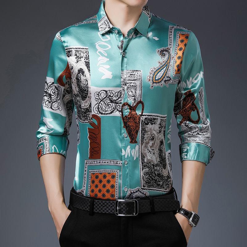 High-end Printed Mulberry Silk Men's Shirt Loose Business Casual Long-sleeved Handsome Shirt