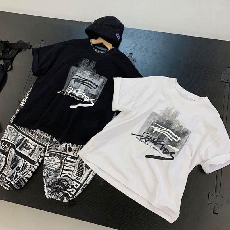 Boys Cotton Short Sleeve Summer Thin Breathable Graffiti Top + Printed Loose Pants Casual Children's Two-piece Set