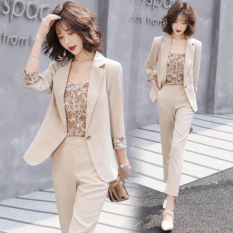 3PCS Women's Suit Three-piece Suit Spring and Autumn Casual Jacket + Floral Vest + Straight Trousers Professional Suit Ladies Thin Solid Color Suit