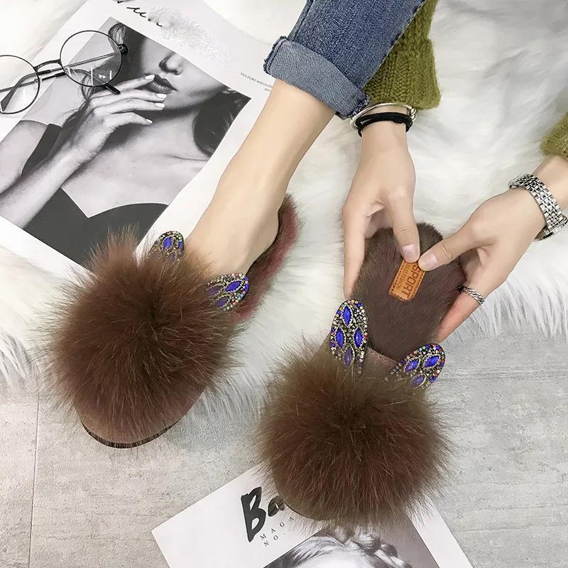 Furry Slippers Flat-bottomed Casual Wear Women's Shoes Artificial Rabbit Fur Cotton Slippers Women's Temperament Women's Shoes Moccasins