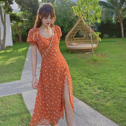 Female Vintage High Waist Super Fairy Holiday Dress Elegant Slim Floral Print Pleated Split Dress