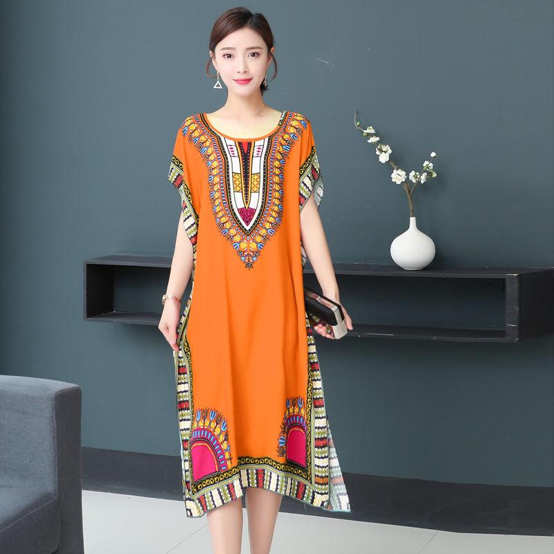 Women Summer Vintage High Waist Short Sleeve Mid-length Dress Elegant Loose Round Collar Print Casual Dress