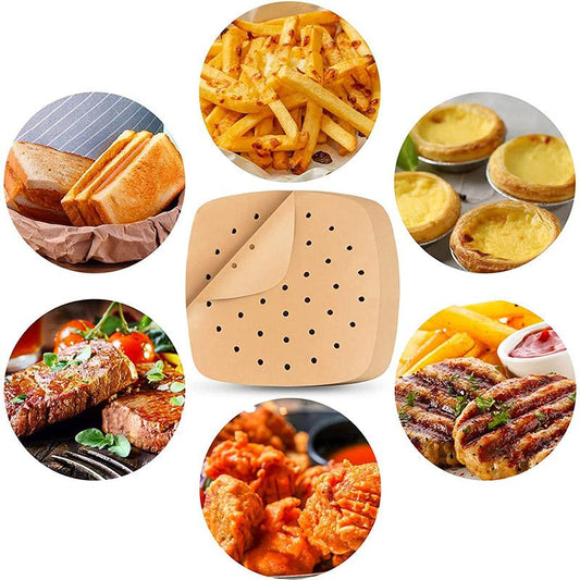 200Pcs Square Air Fryer Liners, 9.0 Inch Perforated Parchment Paper Sheets for Baking, Parchment Paper for Air Fryer and Bamboo Steaming Basket