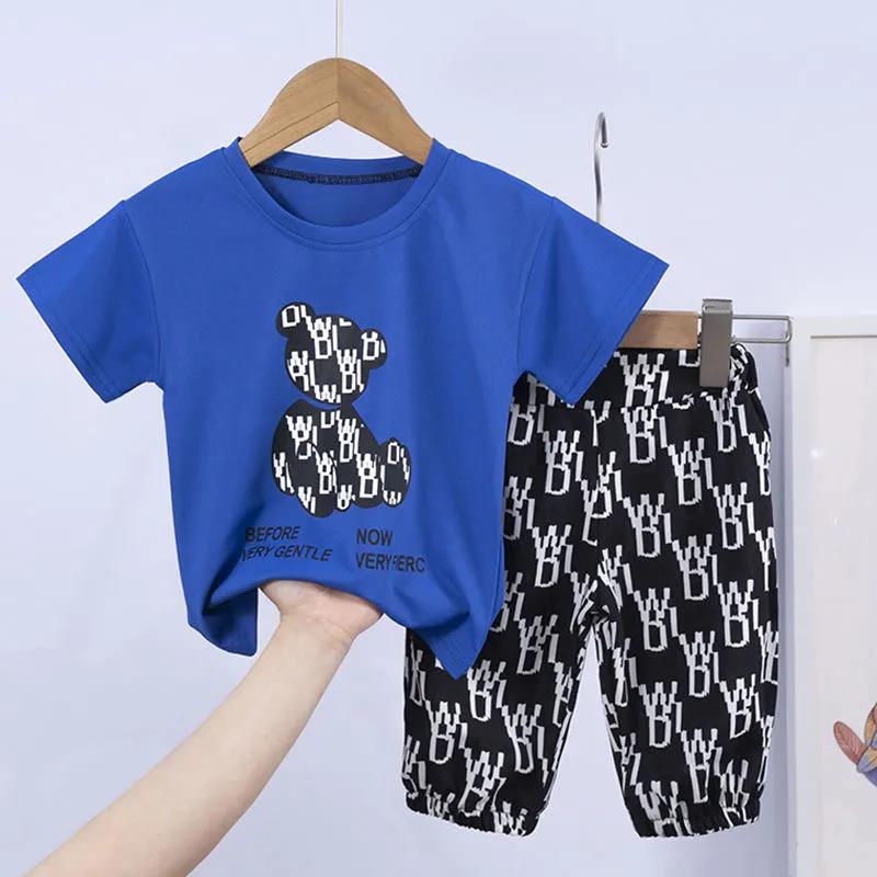 Boys and Girls Suit Summer Short-sleeved Western Chiffon Pants Handsome Casual Thin Bear Two-piece Suit