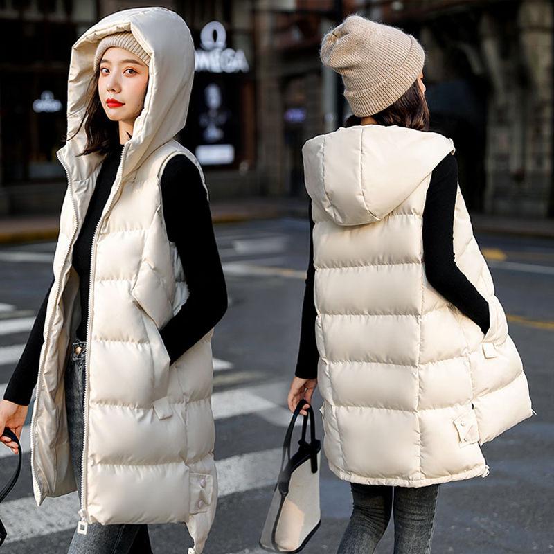 Women's Down Cotton Vest Mid-length Autumn and Winter Loose Vest Sleeveless Plus Size Thick Warm Hooded Jacket Straight Cotton Jacket Mid-length