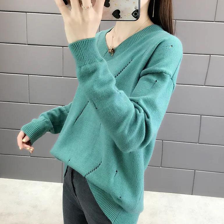 Women's Large Size Solid Color Versatile Loose Knitted Tops Spring and Autumn Long Sleeve Casual V-neck Sweaters