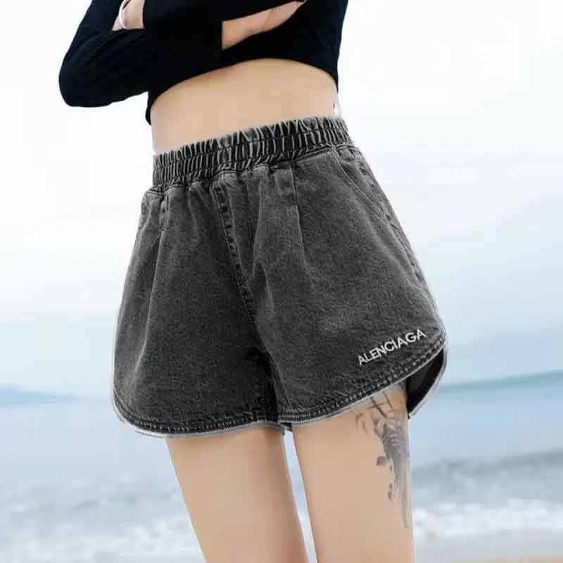 Denim Shorts Women's High Waist Wide Leg A-line All-match Large Size Thin Elastic Waist Loose