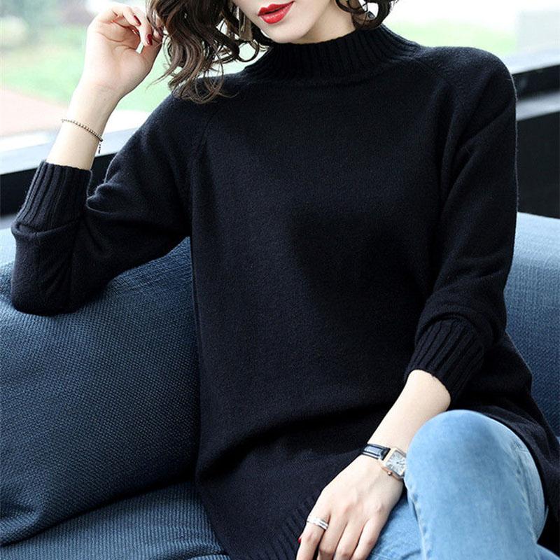 Autumn and Winter Half High Neck Loose Sweater Mid-length Pullover Knit Bottoming Shirt Plus Size Casual Women's Top