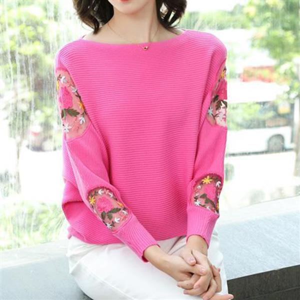 Sweater Women Loose Outer Wear Bat Sleeves Large Size Lace Casual Tops Spring and Autumn Printing Bottoming Shirt