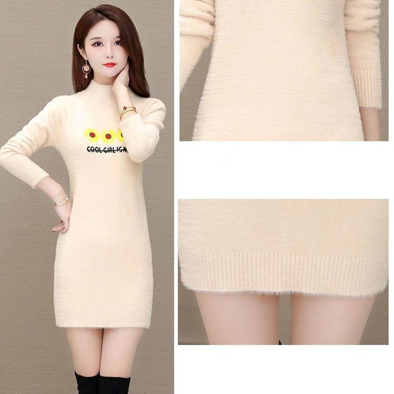 Autumn and Winter Mohair Knitted Sweater Half High Neck Thick Loose Bottoming Shirt Mid-length Casual Women Sweater Dress