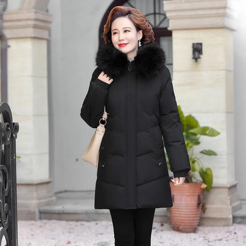 Winter Down Cotton Jacket Fashion Hooded Mid-length Jacket Thick Warm Cotton Jacket Suitable for Middle-aged Women