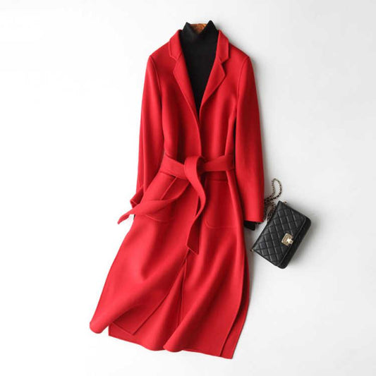 Women's Coat Fashion Wool Double-sided Cashmere Coat Woolen Overcoat Elegant Women Jacket with Belt