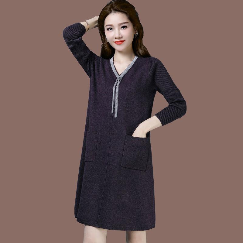 Autumn and Winter Knitted Simple Dress Mid-length Fashion Casual Bottoming Skirt Middle-aged Women Sweater Dress