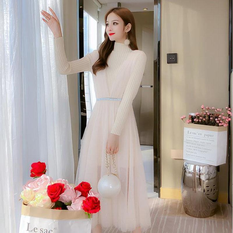 Spring and Autumn Knitted Dresses Are Thin Temperament Tops Tulle Skirts Women's Sweater Skirts