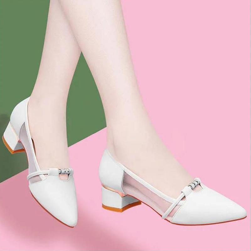 Real Soft Leather Single Shoes Women Spring and Autumn Mesh Breathable Thick Heel Small Leather Shoes British Style Shallow Mouth Work Shoes