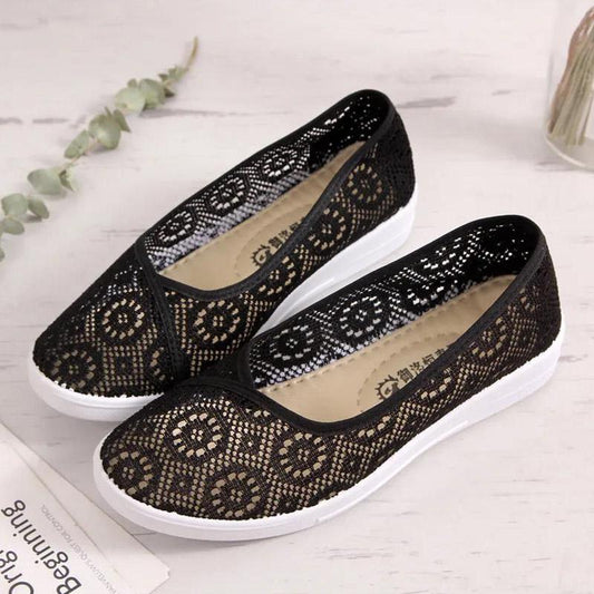 Middle-aged and Elderly Soft-soled Non-slip Cloth Shoes Women's Flat-bottomed Hollow Mesh Nurse Shoes All-match Low-cut Mother Shoes