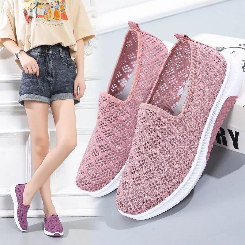 Summer Hollow Out Shoes Female Breathable Sneakers Mother Casual Mesh Shoes Solid Color Walking Single Sports Shoes