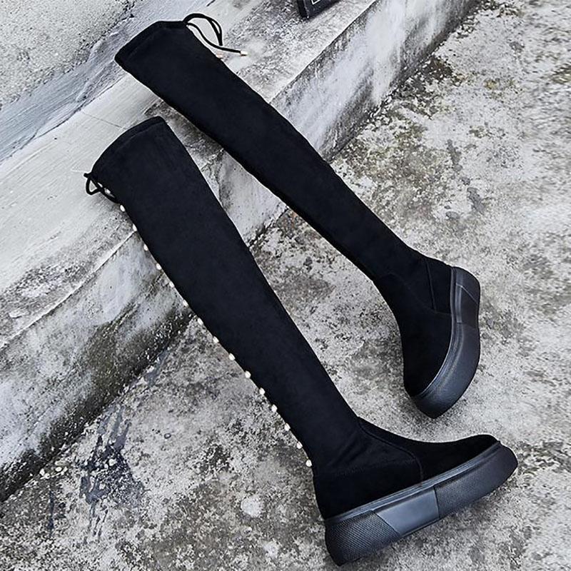 Autumn and Winter Women's Boots High Over The Knee Boots Flat Shoes Women's Lace-up Boots Elastic Boots