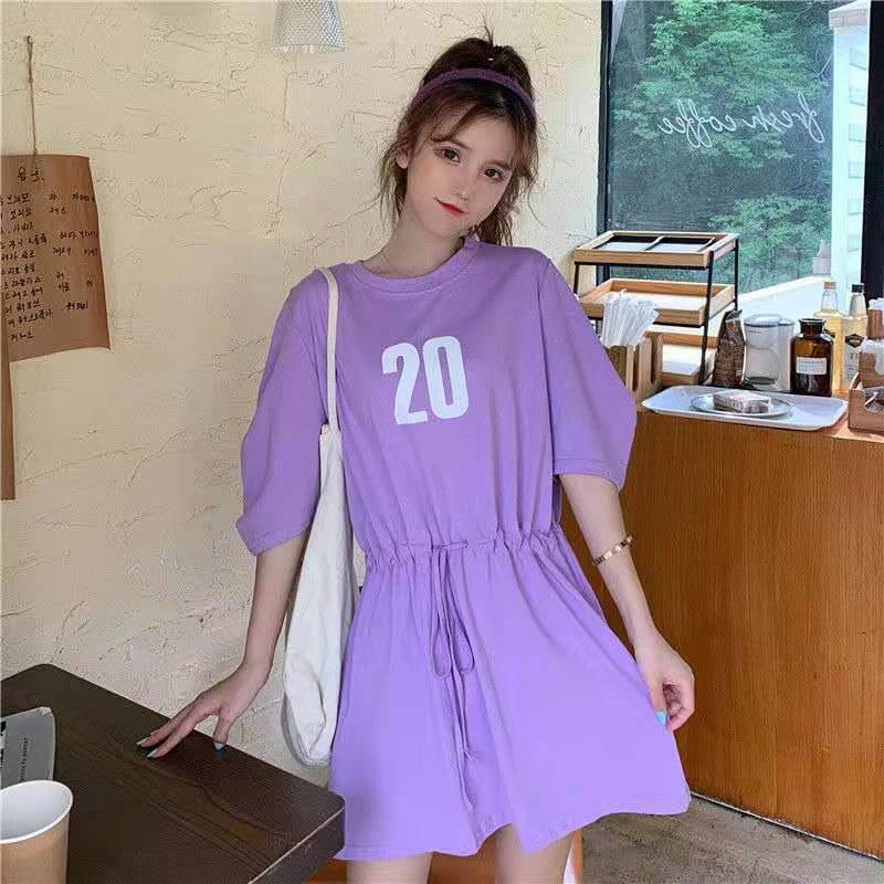 T-shirt Dress Mid-length Women's Summer Waist Waist Was Thinner Drawstring Loose Leisure Sports Style Short Dress