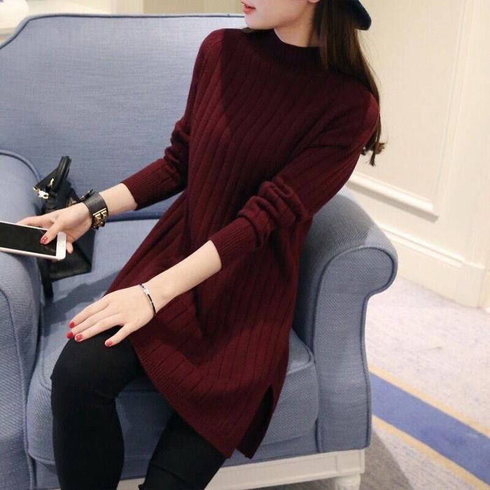 Women Round Collar Warm Pullover Sweater Dress Stripe Knitted Bottoming Shirt Knit Dress