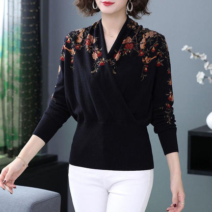 Women Vintage Printed  Woollen Sweater Short Loose Sweater Female V-neck Pullover Jumper Knit Outwear