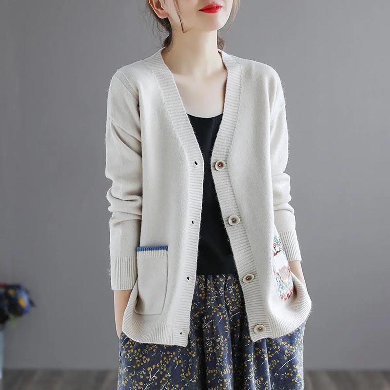 Vintage Cardigan Short Ladies Sweater Spring Loose Jacquard Knit Long Sleeve Jacket