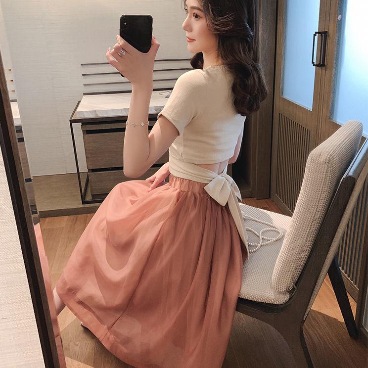 Women Summer Elegant Casual Skirt Suit Round Neck Vintage Two-piece Set Vintage Female Slim Holiday Skirt Set