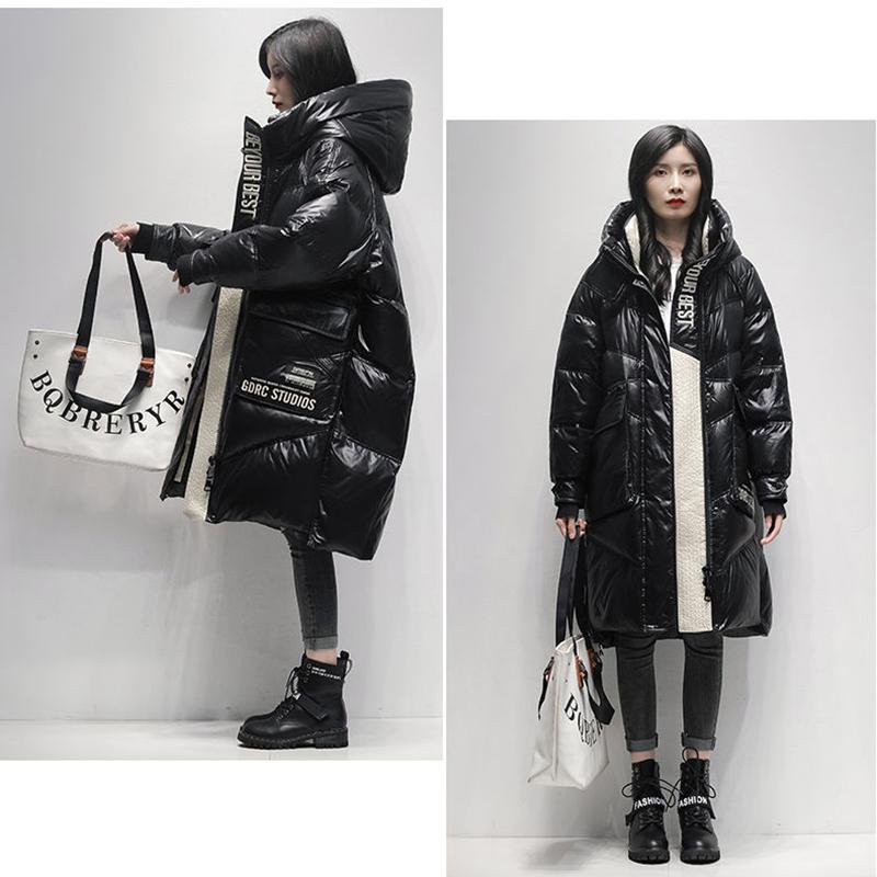 Women's Winter Korean Style Loose Quilted Coat Warm Stand-up Collar Down Jacket Women's Bright Face Long Down Jacket