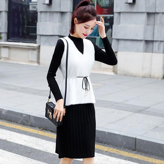 Autumn and Winter All-match Solid Color Two-piece Suit V-neck Vest Knitted Dress Women's Waist Strap Waistcoat