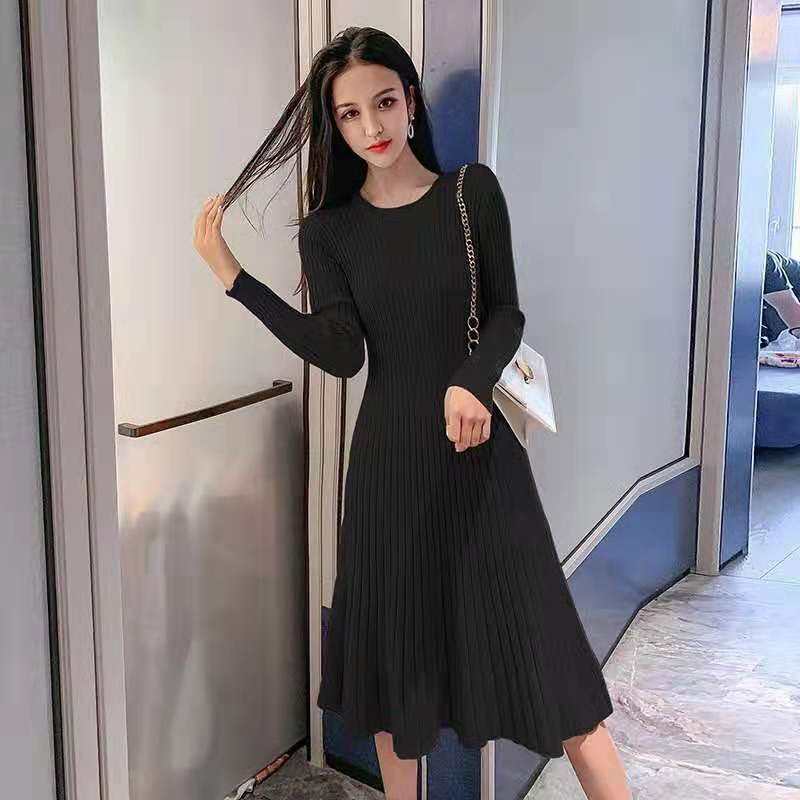 Autumn and Winter Knitted Casual Dress Mid-length Over-the-knee Long-sleeved Base Skirt Pure Color Simple Female Sweater Dress