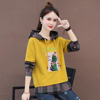 Fake Two Piece Stitching Hooded Sweater Spring and Autumn Loose Long-sleeved Casual Blouse Women