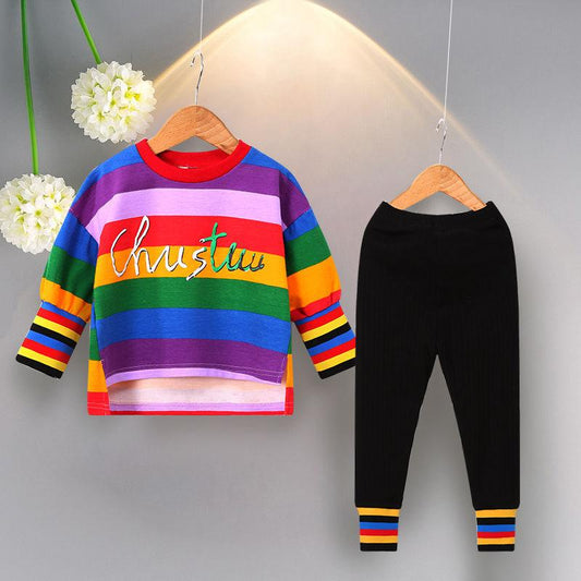 Girl's Suit Autumn Korean Version of The Baby Girl Rainbow Casual Suit Child Western Style Striped Two-piece Suit