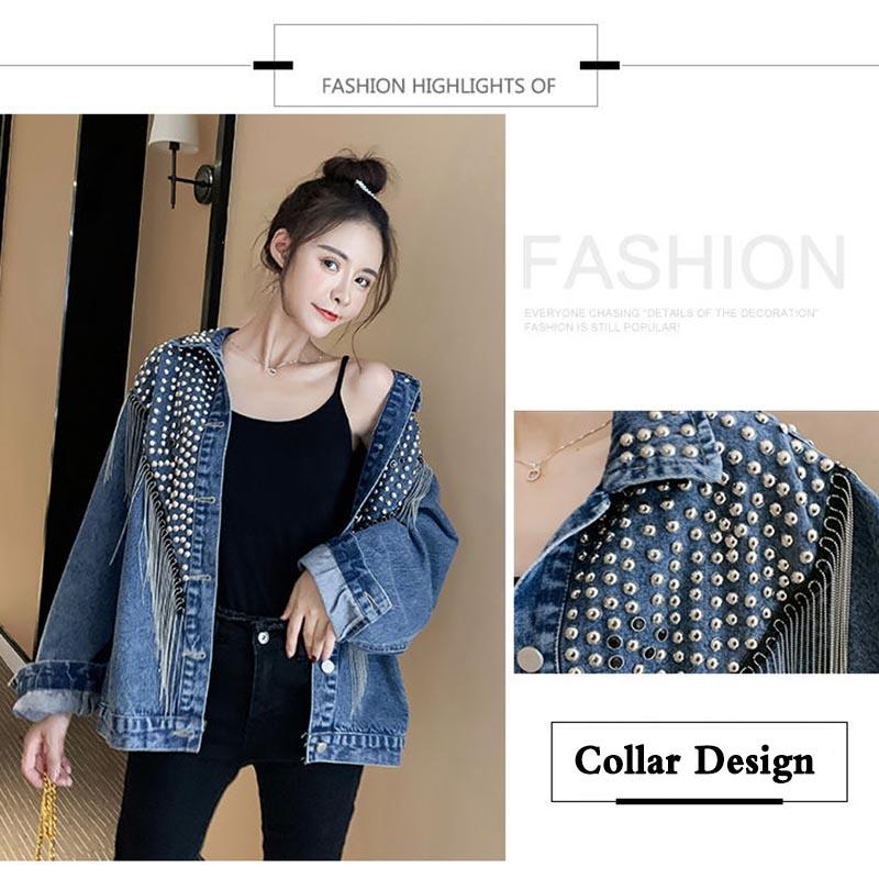 Autumn Streetwear Denim Jacket Women Hand-studded Rivet Tassel Chain Short Jeans Jacket Loose Black Coats