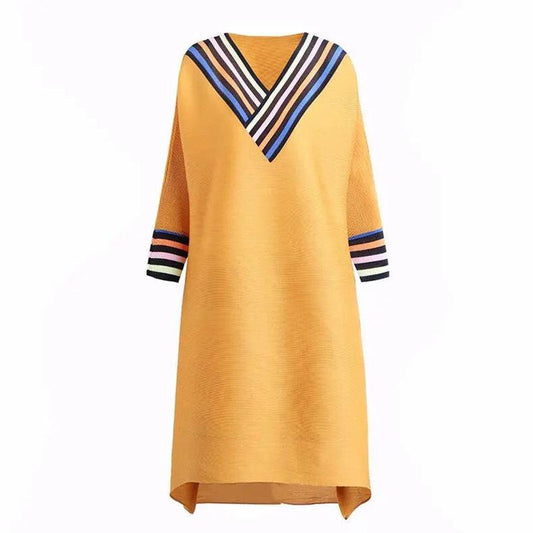 Ladies Dress V-neck Large Size Loose Solid Color Mid-length A-shaped Skirt Nine-point Sleeves