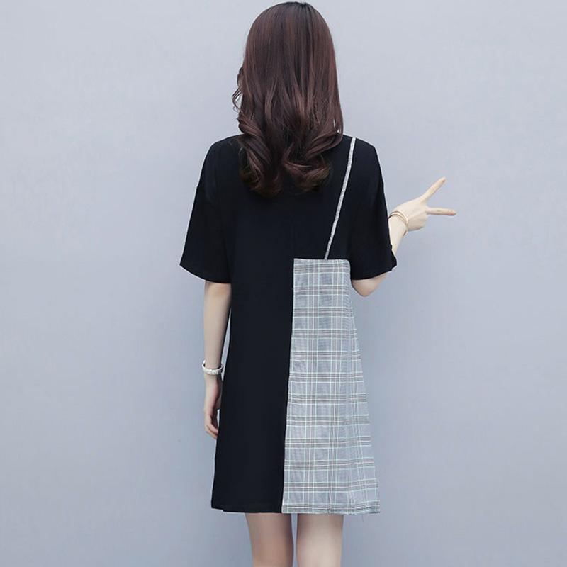 Summer Personality Plus Size Dress Women Plaid Stitching Short Sleeve Midi Elegant Dress