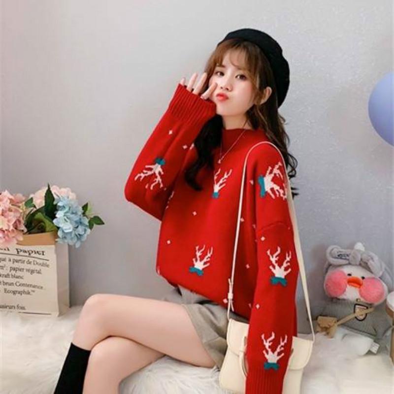 Pofulove Red Half Turtleneck Sweater Lovely Elk Christmas Loose Sweater Long-sleeved Autumn Winter