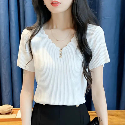 Women Summer Tops Vintage Large Size Short Sleeve Slim V-neck Buttons Knitted Thin Solid Color Casual Tops