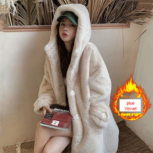 Faux Fur Coat Women Casual Korean Hoodies Furry Thick Bat Sleeved Warm Long Faux Rabbit Fur Jacket Loose Winter Coat Outwears