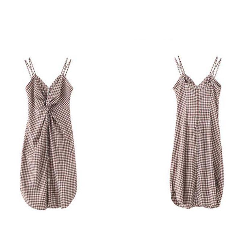 Women Summer Sweet Sleeveless Spaghetti Strap Dress Off Shoulder Button Plaid Party Dress Sundress