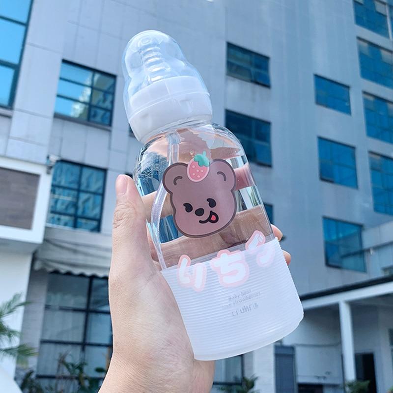 Cute Girl Glass  Water Bottle Creative Fashion Bear Pattern Personality Straw Cup Student Couple Portable Water Cup